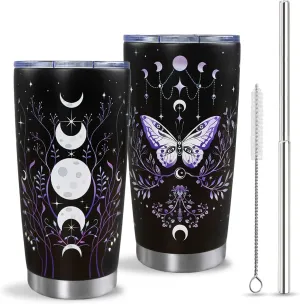 Gothic Butterfly Tumbler with Lid and Straw, Moon Phase Witch Cup Water Bottle Coffee Travel Mug Stainless Steel Vacuum Insulated 20 Oz Tumblers Black Purple, Goth Halloween Witchy Gifts for Women