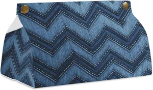 Gradient Blue Denim Tissue Box Cover, PU Leather Foldable Tissue Holder Waterproof & Stylish Facial Paper Organizer for Bathroom Car Office Dresser Decor