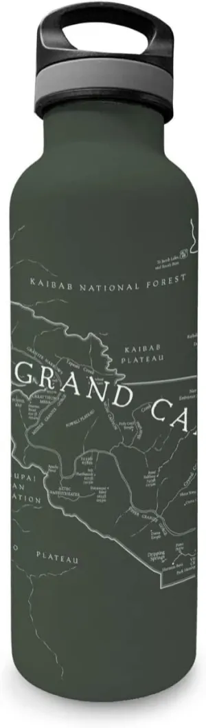 Grand Canyon National Park Map Insulated Stainless Steel Water Bottle w/Wide Mouth Lid, Green, 25 oz - Double Wall To Keep Contents Cold For 20 Hrs Or Hot For 8 Hrs