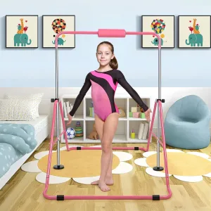Grebest Foldable Gymnastics Bar, Adjustable Training Equipment for Kids Ages 3-8, 5 Height Levels (34.8"-50.8"), Heavy-Duty Metal Frame, 150 lbs Capacity, for Home Gymnastics and Fitness Pink
