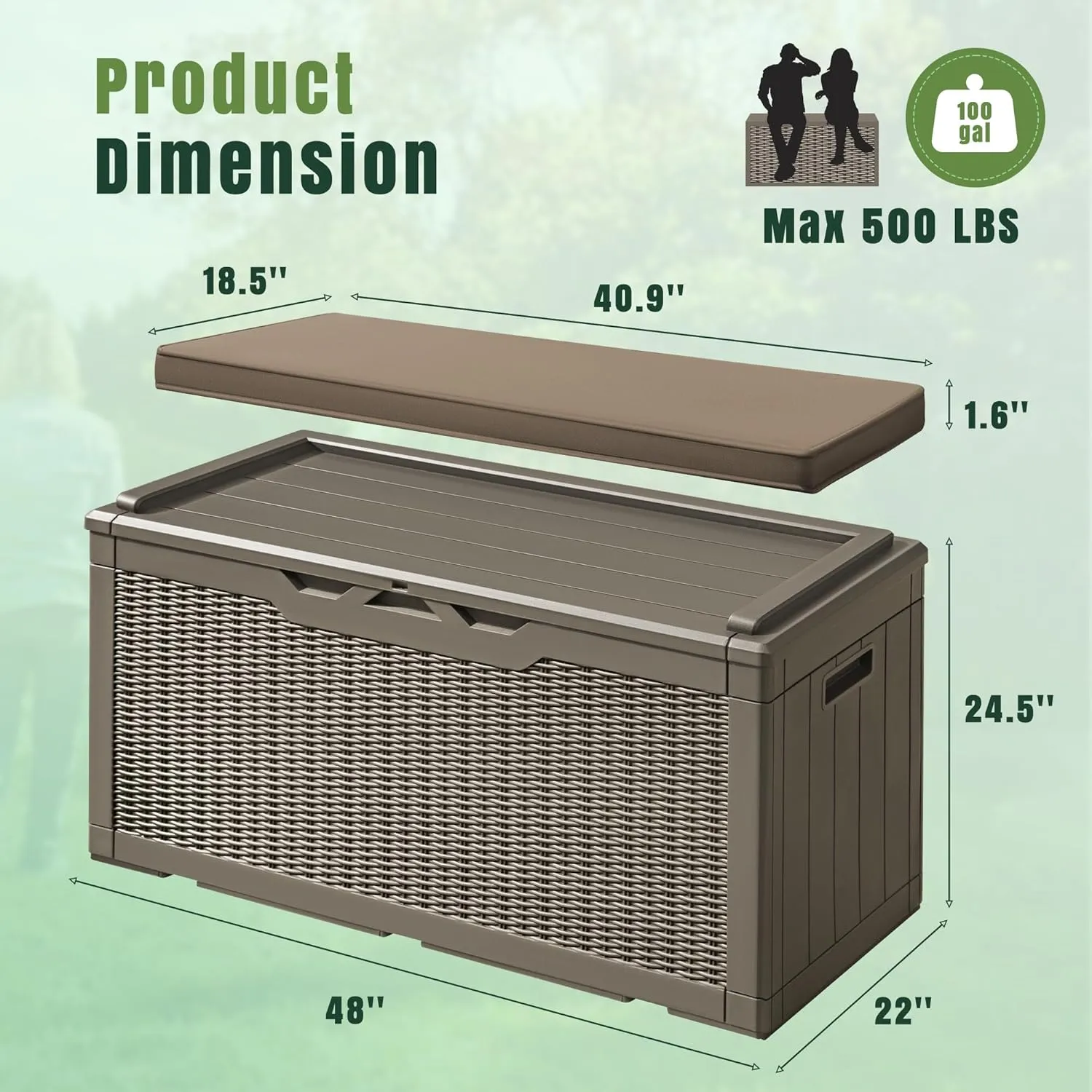 Greesum 100 Gallon Resin Deck Box Large Outdoor Storage with Cushions for Patio Furniture, Garden Tools, Pool Supplies, Weatherproof and UV Resistant, Lockable, Light Coffee