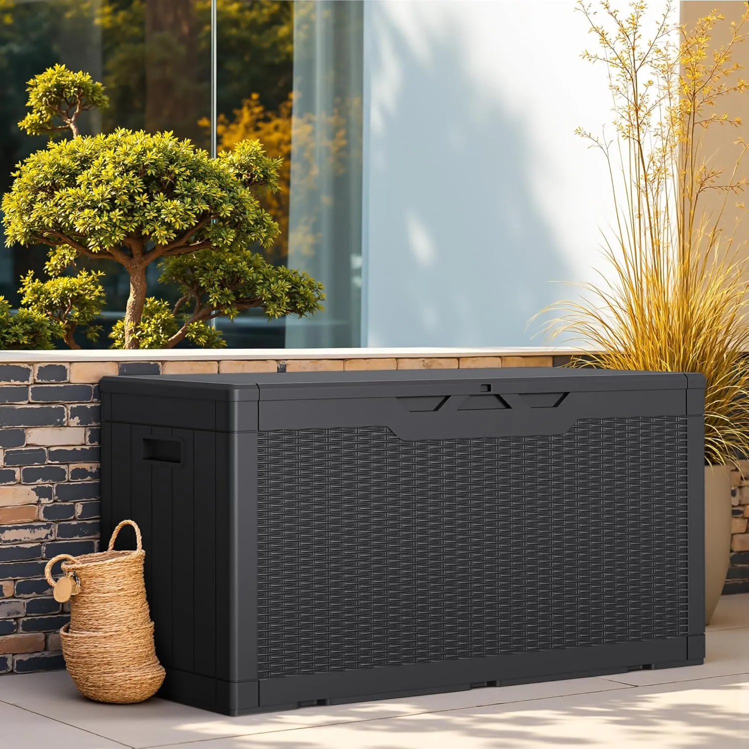 Greesum 100 Gallon Resin Deck Box Lockable Large Outdoor Storage Boxes for Garden Tools, Patio Furniture Cushions, Pool Supplies, Black