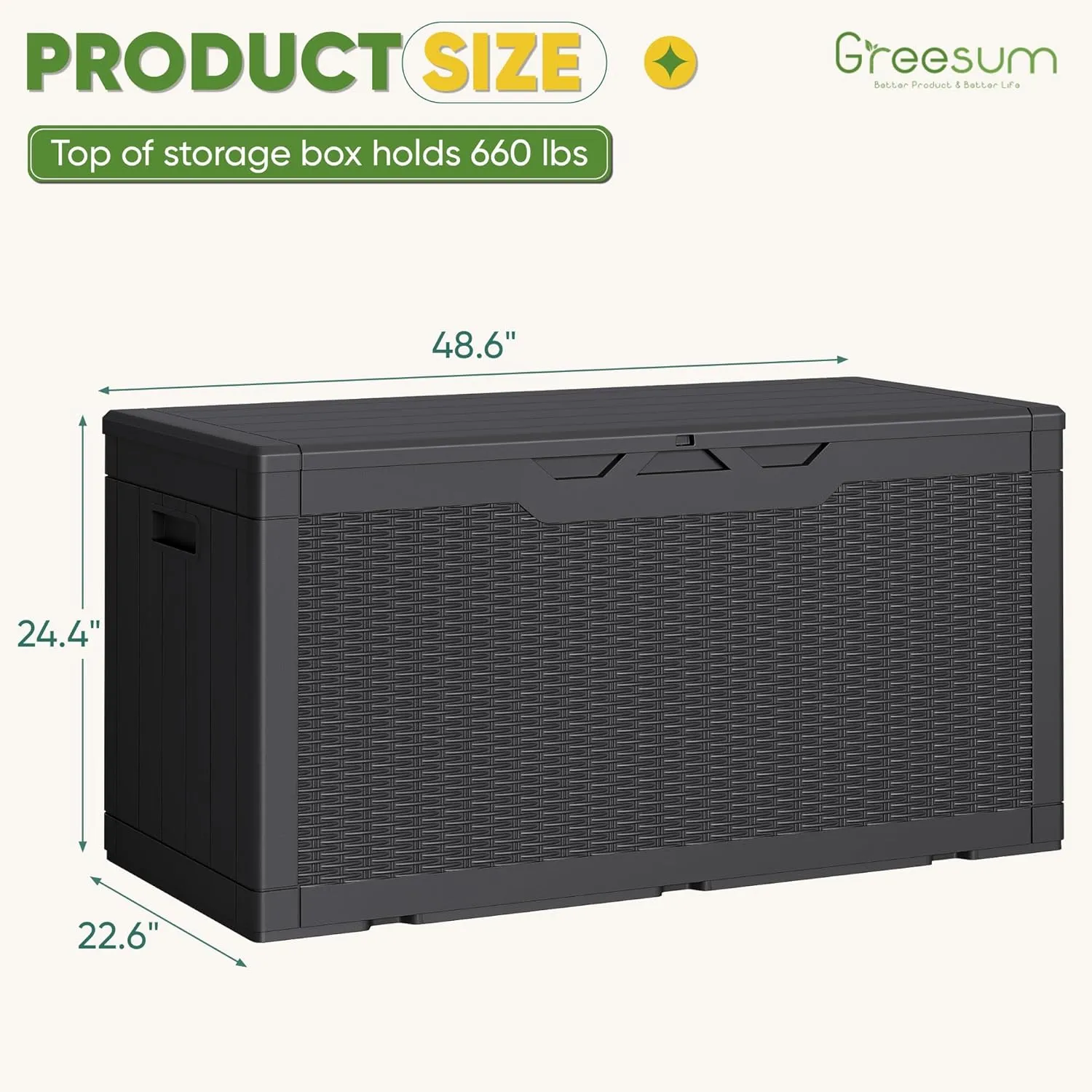 Greesum 100 Gallon Resin Deck Box Lockable Large Outdoor Storage Boxes for Garden Tools, Patio Furniture Cushions, Pool Supplies, Black