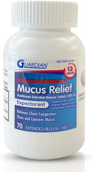 Guardian Mucus Relief 12 Hour (70 Count) Extended Release Guaifenesin, 1200mg Maximum Strength, Chest Congestion Expectorant Tablets (70 Count Bottle (Pack of 1))