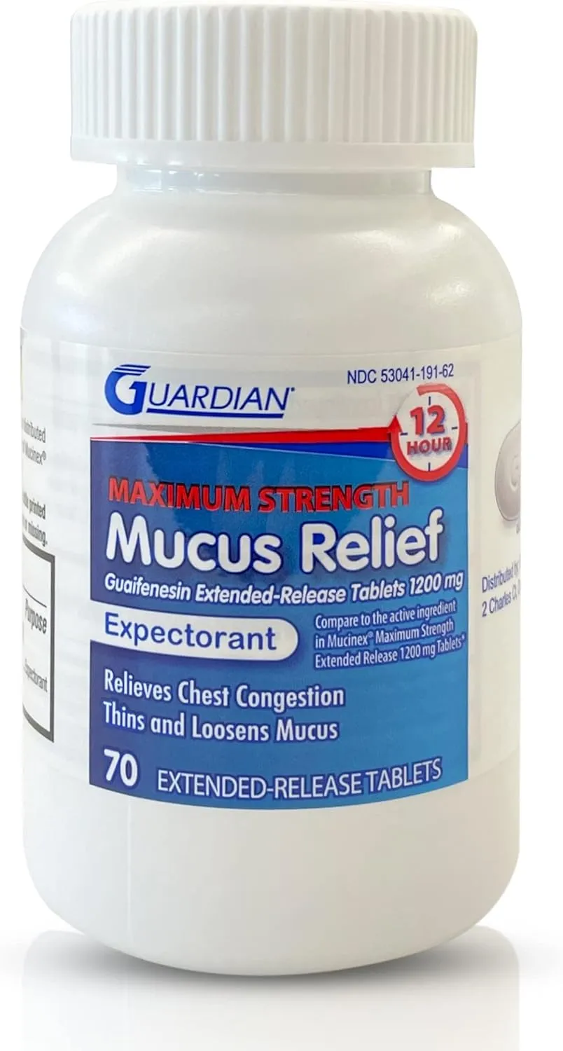 Guardian Mucus Relief 12 Hour (70 Count) Extended Release Guaifenesin, 1200mg Maximum Strength, Chest Congestion Expectorant Tablets (70 Count Bottle (Pack of 1))