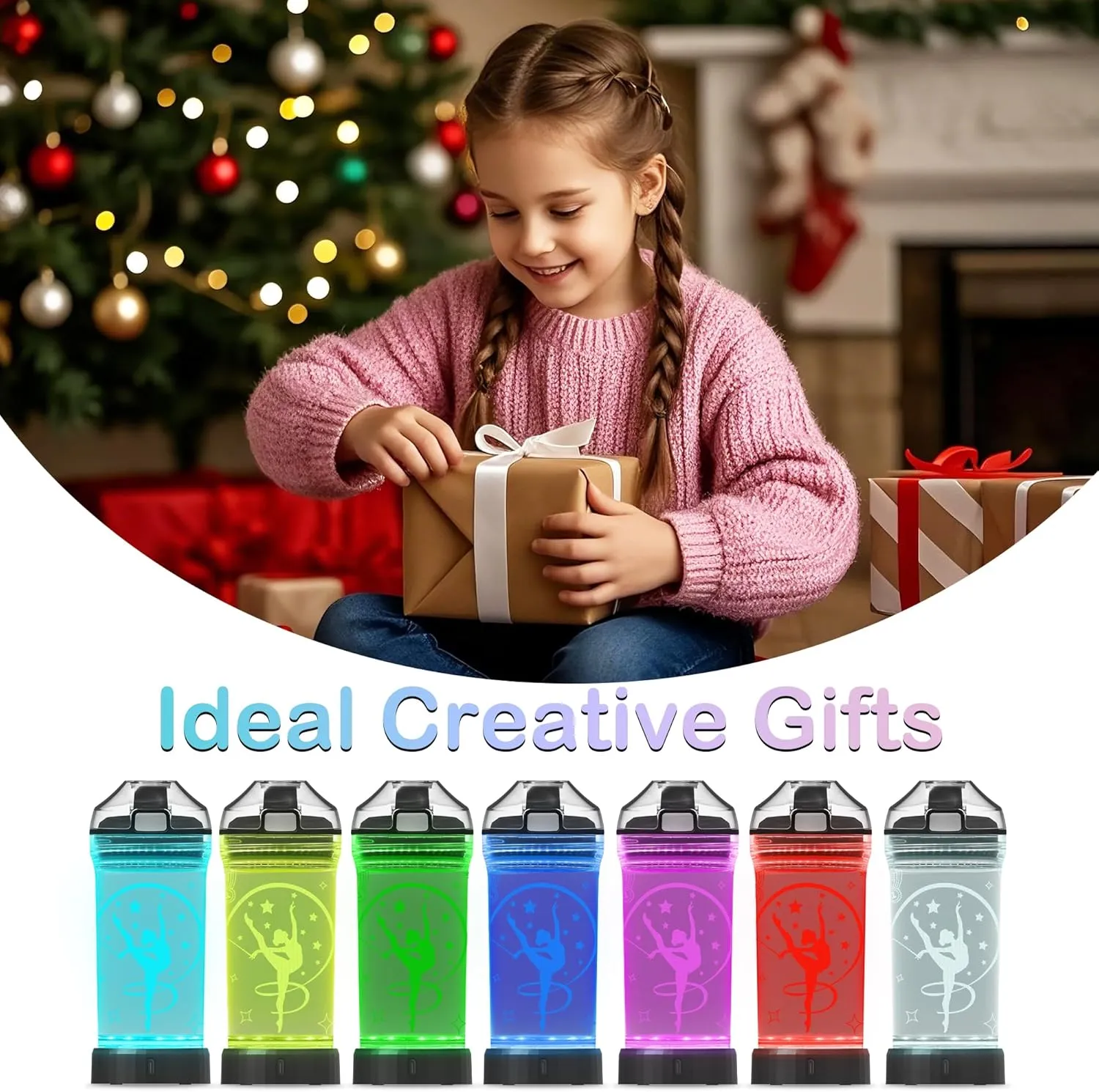 Gymnastics Gifts for Girls, Light Up Kids Water Bottle,Gymnastics Accessories for Girls Sport Cup with 3D Glowing LED Light - 14 OZ Tritan BPA-Free - Gifts for School, Camping, and Holidays
