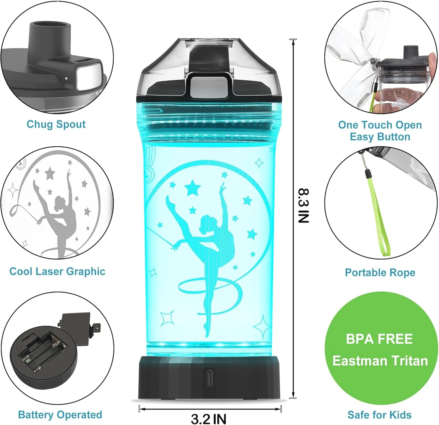 Gymnastics Gifts for Girls, Light Up Kids Water Bottle,Gymnastics Accessories for Girls Sport Cup with 3D Glowing LED Light - 14 OZ Tritan BPA-Free - Gifts for School, Camping, and Holidays
