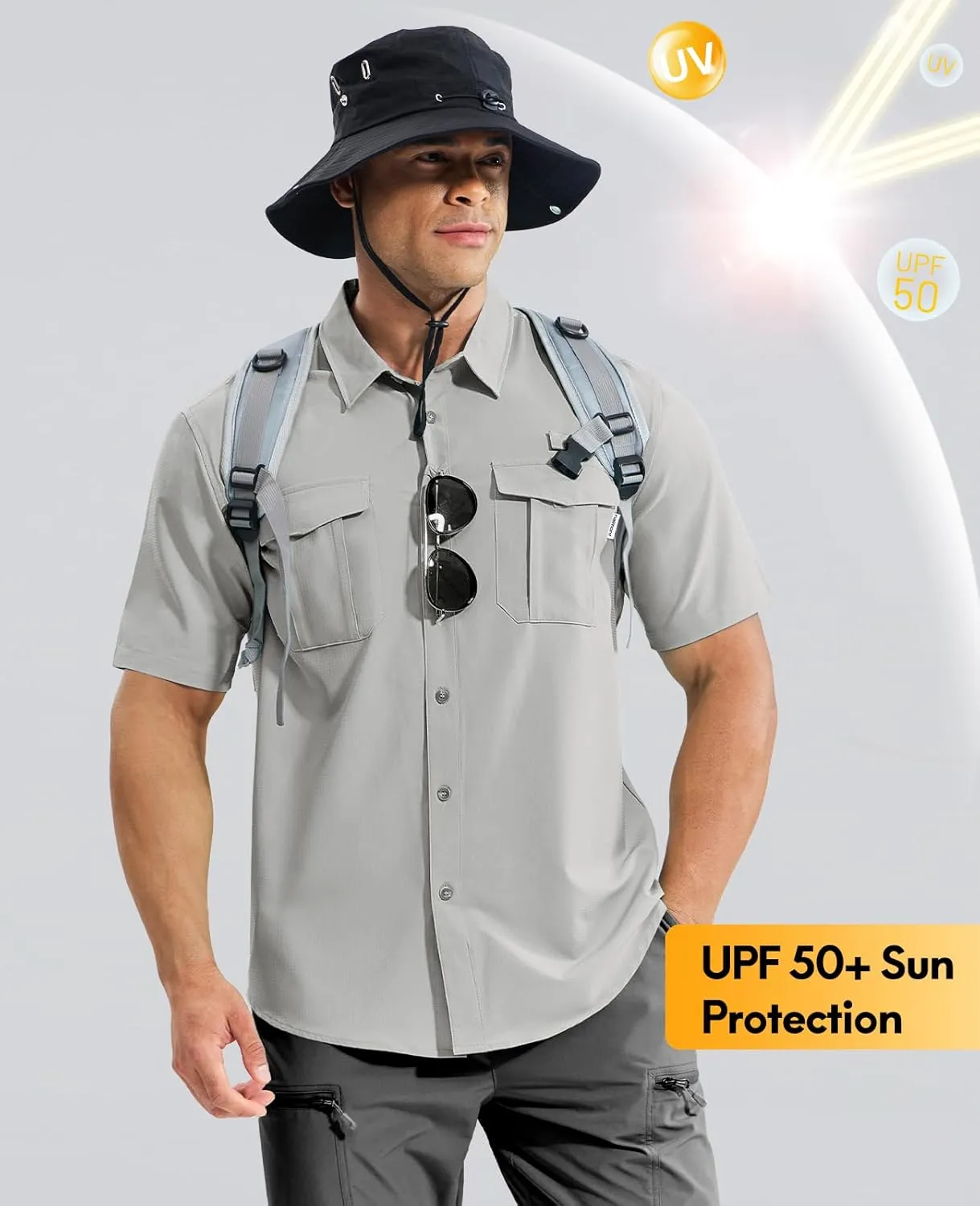 Haimont Men's Sun Protection Shirt Water Resistant Short Sleeve Button Down Shirt Quick Dry Cooling for Hiking Fishing