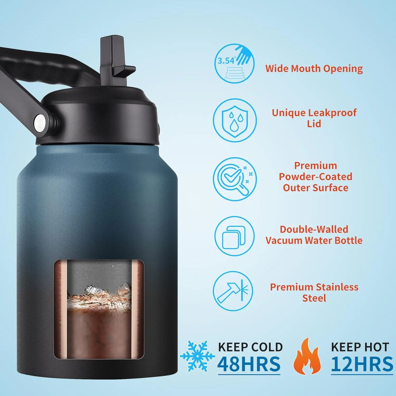 Half Gallon Insulated Water Bottle Jug with Straw, 64 oz Large Stainless Steel Sports Metal Water Flask with Handle, Thermal Water Cup Mug with 2 Lids, Indigo Black