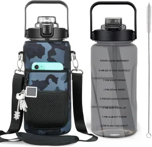Half Gallon Water Bottle with Sleeve, 64OZ Motivational Water Bottle with Straw & Time Marker, BPA Free Leakproof Large Sports Water Bottle, Reusable Water Jug for Workout Gym Sport