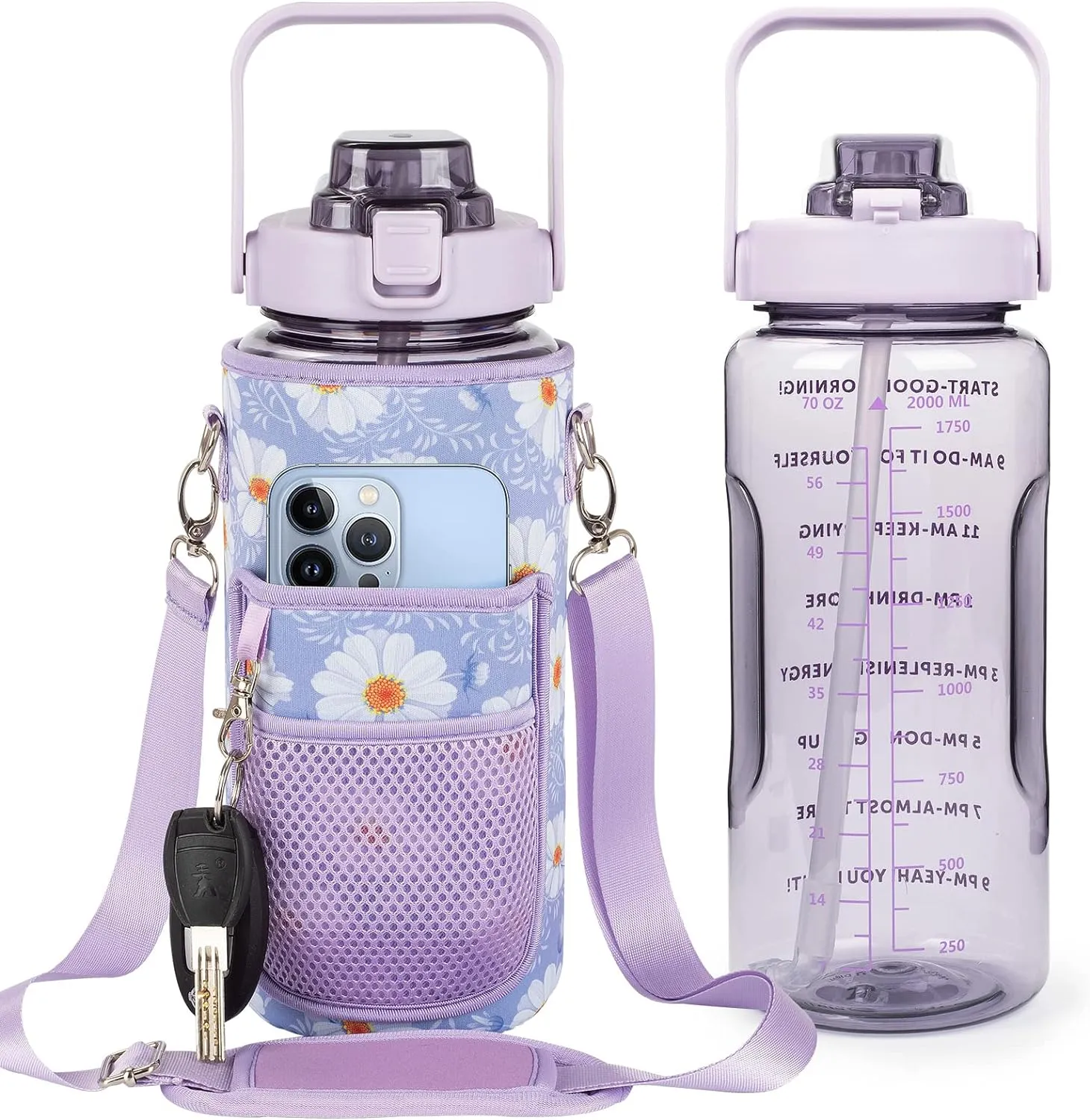 Half Gallon Water Bottle with Sleeve, 64OZ Motivational Water Bottle with Straw & Time Marker, BPA Free Leakproof Large Sports Water Bottle, Reusable Water Jug for Workout Gym Sport