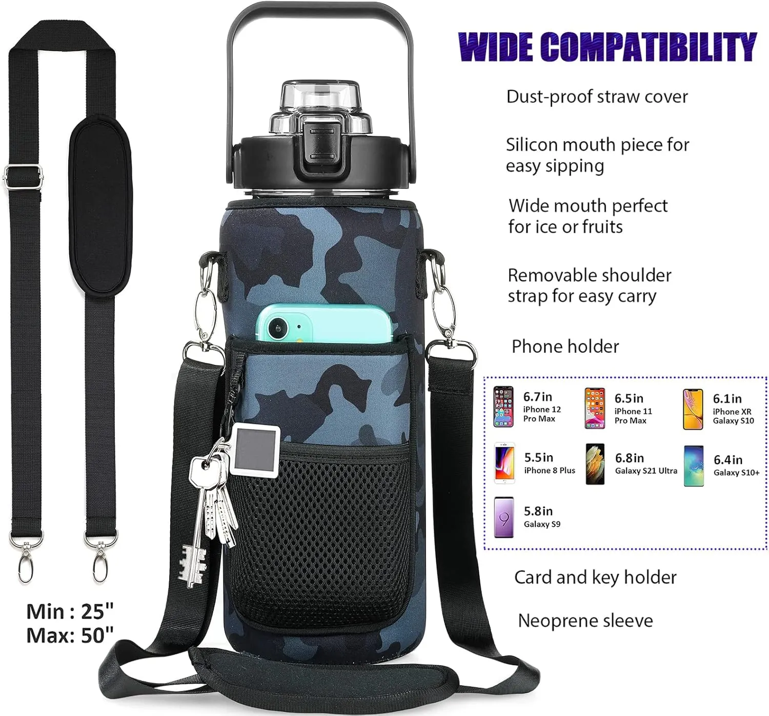 Half Gallon Water Bottle with Sleeve, 64OZ Motivational Water Bottle with Straw & Time Marker, BPA Free Leakproof Large Sports Water Bottle, Reusable Water Jug for Workout Gym Sport