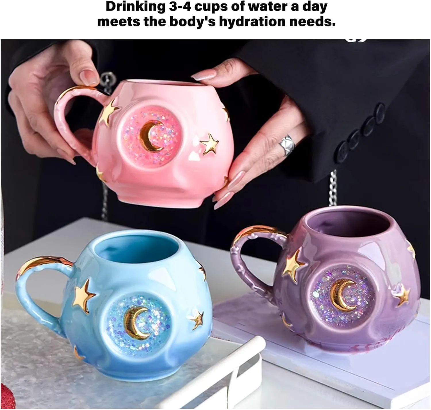 Handmade Coffee Cup 400ML with Fancy Tarot Star/Moon Design, Fashion Starry Sky Ice Coffee Cup, Gradient Pink Pottery Tea Cup for Home/Office (purple)