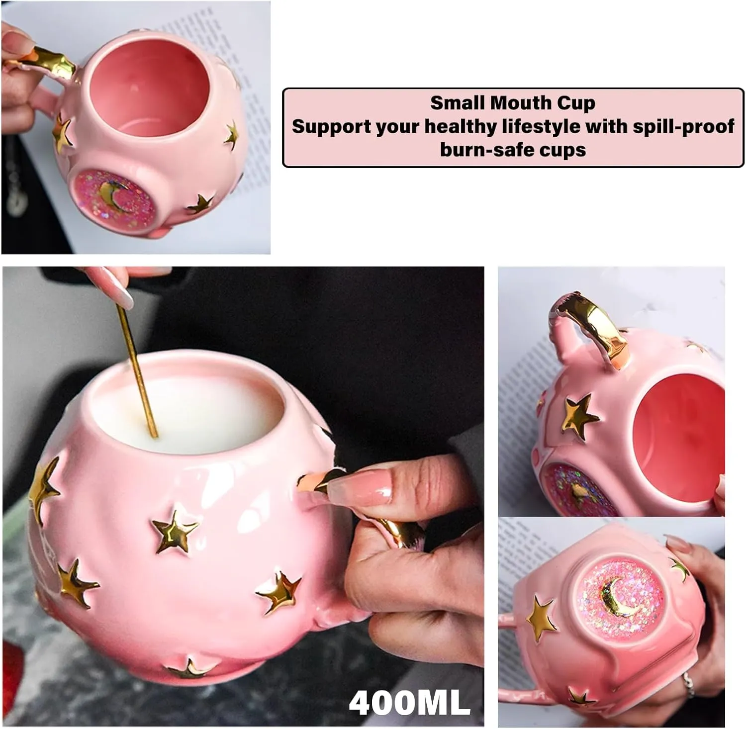 Handmade Coffee Cup 400ML with Fancy Tarot Star/Moon Design, Fashion Starry Sky Ice Coffee Cup, Gradient Pink Pottery Tea Cup for Home/Office (purple)