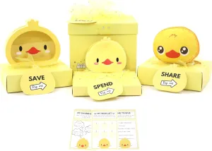 Happy Lolli Birthday Gift for Girls/Boys, 3 Individually Wrapped Gifts in 1 with 3 Tasks to Teach Kids Responsible Money Management and Giving with Duck Piggy Bank, Purse & a Tote Bag- Ready to Gift