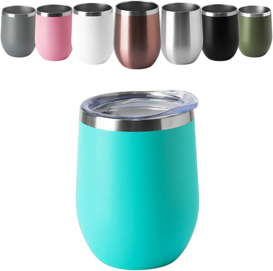 HASLE OUTFITTERS 12oz Wine Tumbler with Lid Stemless Wine Glasses Double Wall Vacuum Travel Mugs stainless steel Coffee Cup for Cold & Hot Drinks Wine Coffee Cocktails Beer 12 Pack Light Blue