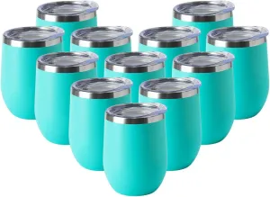 HASLE OUTFITTERS 12oz Wine Tumbler with Lid Stemless Wine Glasses Double Wall Vacuum Travel Mugs stainless steel Coffee Cup for Cold & Hot Drinks Wine Coffee Cocktails Beer 12 Pack Light Blue