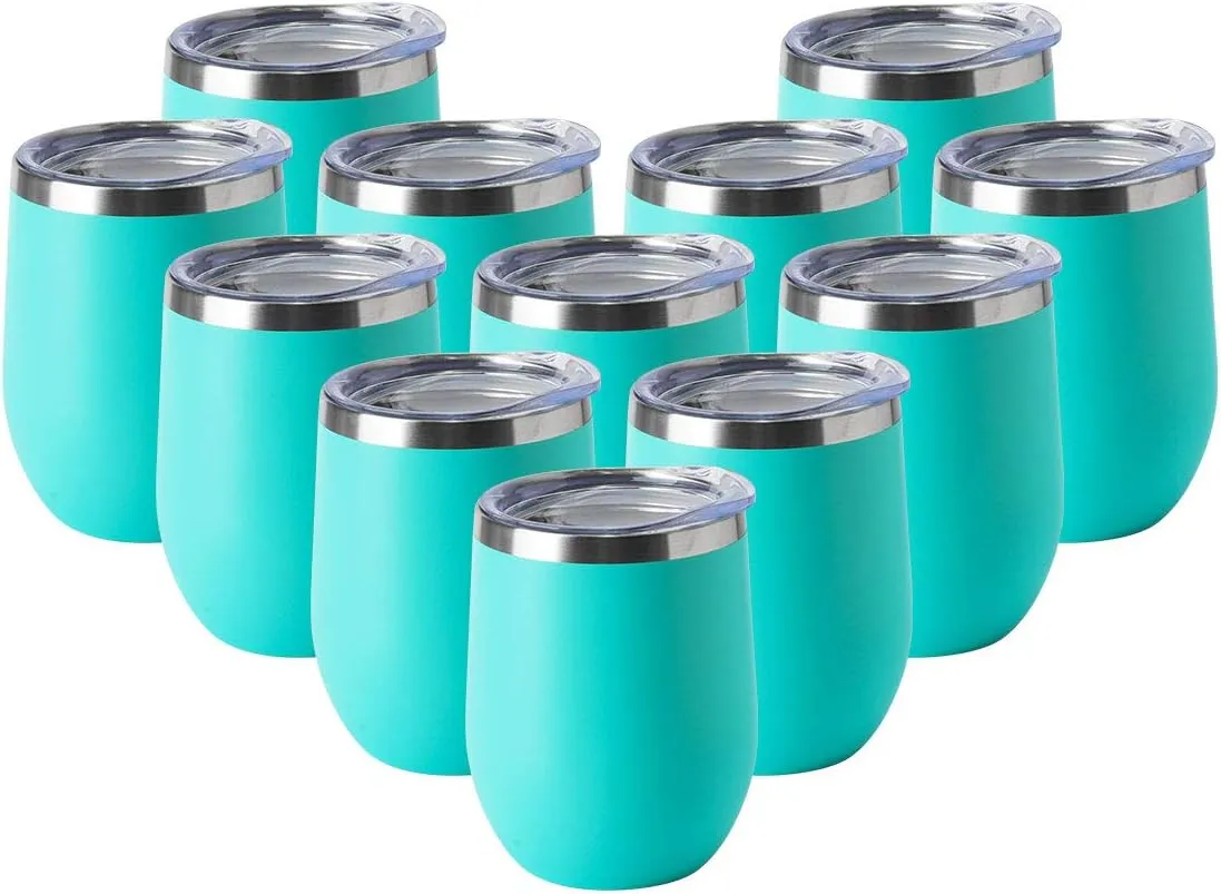HASLE OUTFITTERS 12oz Wine Tumbler with Lid Stemless Wine Glasses Double Wall Vacuum Travel Mugs stainless steel Coffee Cup for Cold & Hot Drinks Wine Coffee Cocktails Beer 12 Pack Light Blue