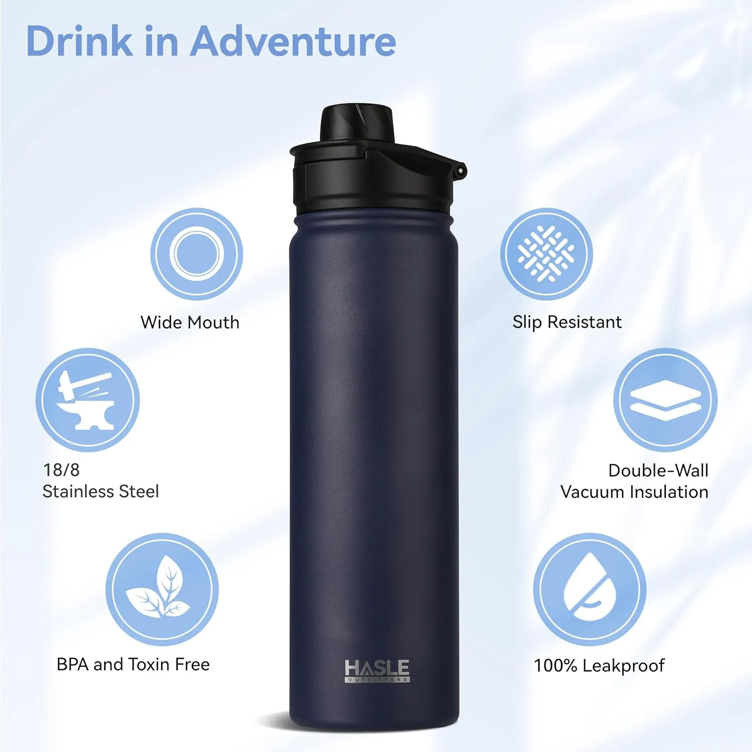 HASLE OUTFITTERS Insulated Water Bottle 22 oz Double Wall Stainless Steel Water Bottle Wide Mouth with Straw Lid & Spout Lid Keeps Cold or Hot(Navy,1)