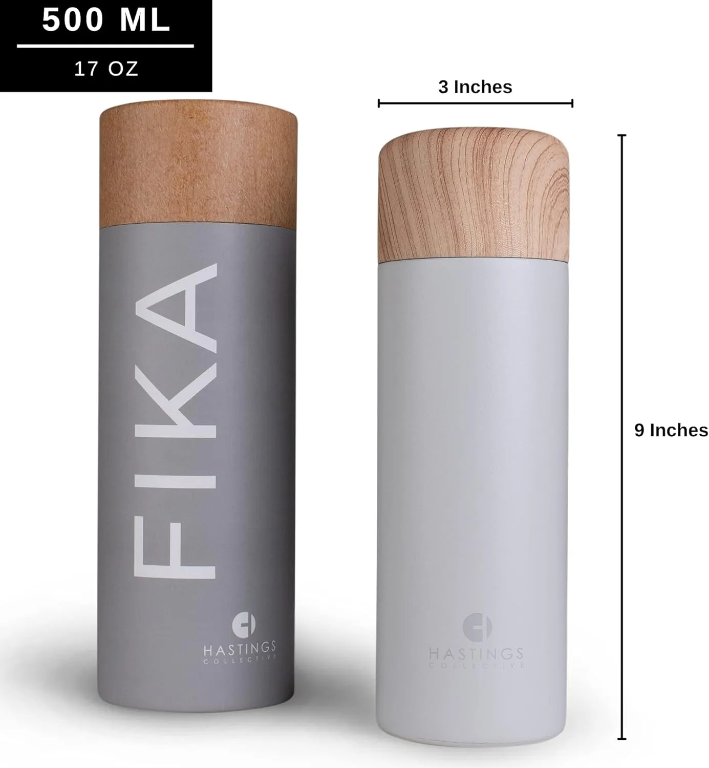 HASTINGS COLLECTIVE FIKA Slim Coffee Travel Mug Tumbler - Stainless Steel Vacuum Insulated Thermos Cup with Spill Proof Lid, 17oz (500ml) (Gray)