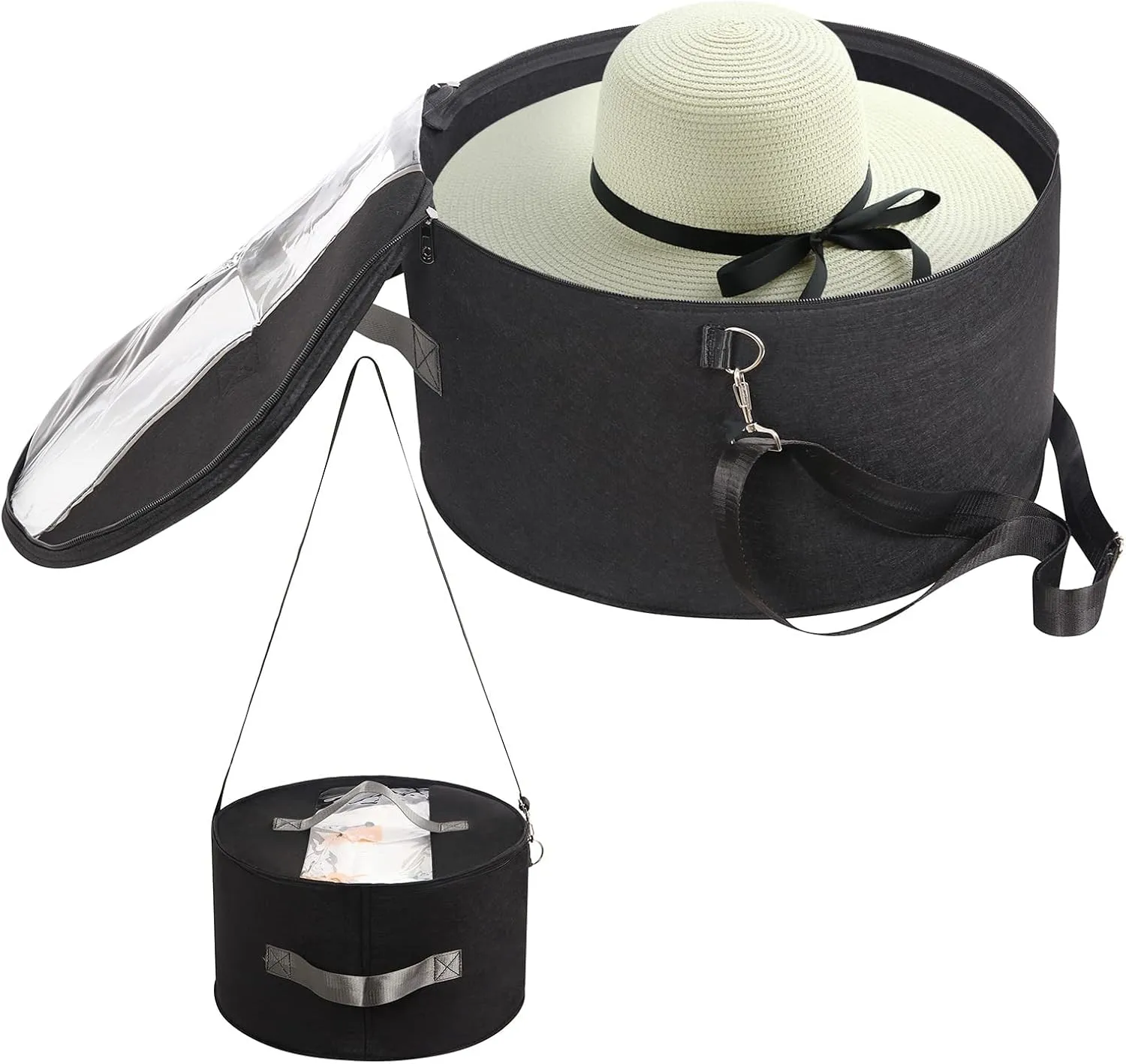 Hat Organizer for Women and Men, Round Hat Storage Box Portable Felt Hat Container Foldable Hat Holder with Dust Proof Lid, Hat Rack for Closet or Travel (17" D x 10" H, Black)