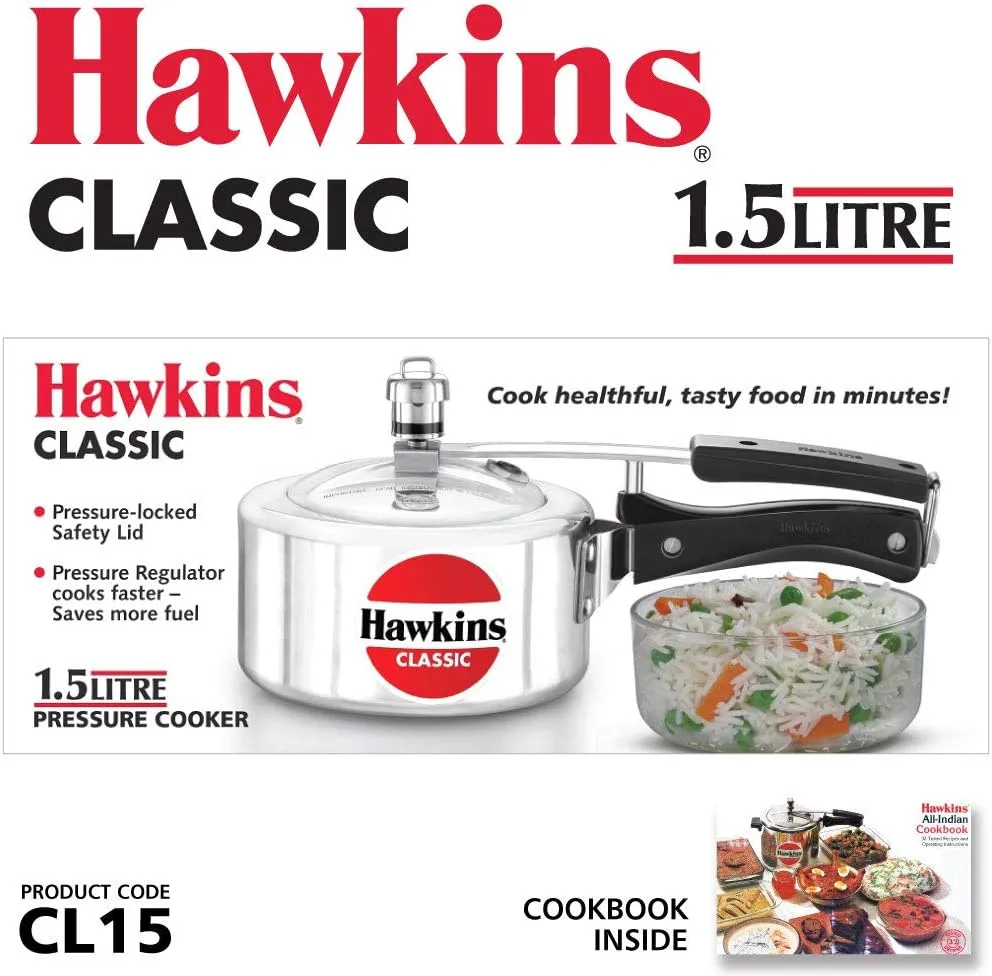 Hawkins Aluminium 1.5 Litre Classic Pressure Cooker,Best Inner Lid Cooker,Small Cooker,Silver(Cl15)