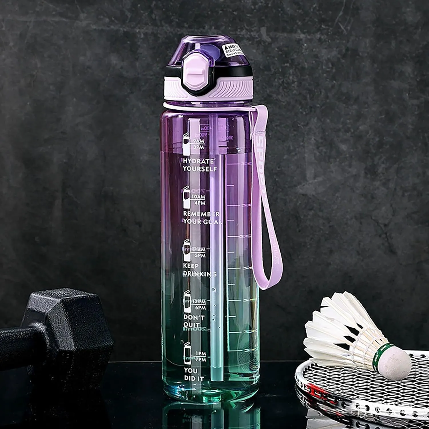 HELLORSO 32oz Water Bottle, Leakproof BPA & Toxic Free, Motivational Water Bottle with Times to Drink and Straw, Fitness Sports Water Bottle with Strap for Office, Gym, Outdoor Sports (Purple)