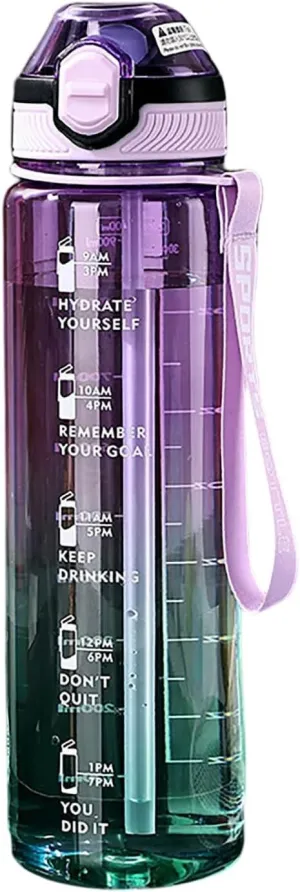 HELLORSO 32oz Water Bottle, Leakproof BPA & Toxic Free, Motivational Water Bottle with Times to Drink and Straw, Fitness Sports Water Bottle with Strap for Office, Gym, Outdoor Sports (Purple)