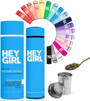 Hey Girl Tea Infuser Bottle 450ml - Insulated Stainless Steel Water Bottle - Tea Tumbler with Tea Diffuser - Portable Travel Mug for Loose Leaf Tea & Infused Water - Tea Lovers Gifts for Women