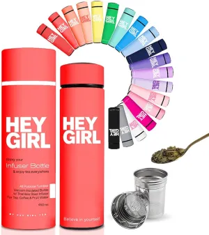 Hey Girl Tea Infuser Bottle 450ml - Insulated Stainless Steel Water Bottle - Thermos Tea Tumbler with Tea Diffuser - Portable Travel Mug for Loose Leaf Tea & Infused Water - Tea Lovers Gifts for Women