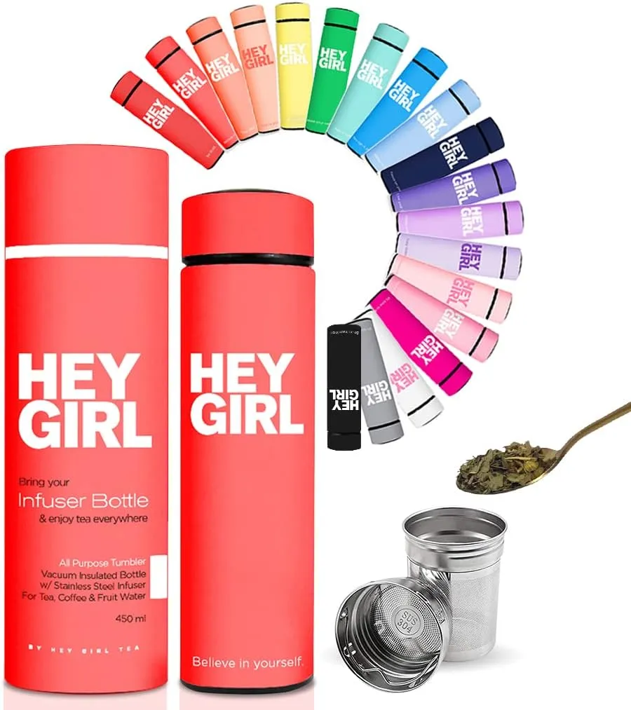 Hey Girl Tea Infuser Bottle 450ml - Insulated Stainless Steel Water Bottle - Thermos Tea Tumbler with Tea Diffuser - Portable Travel Mug for Loose Leaf Tea & Infused Water - Tea Lovers Gifts for Women