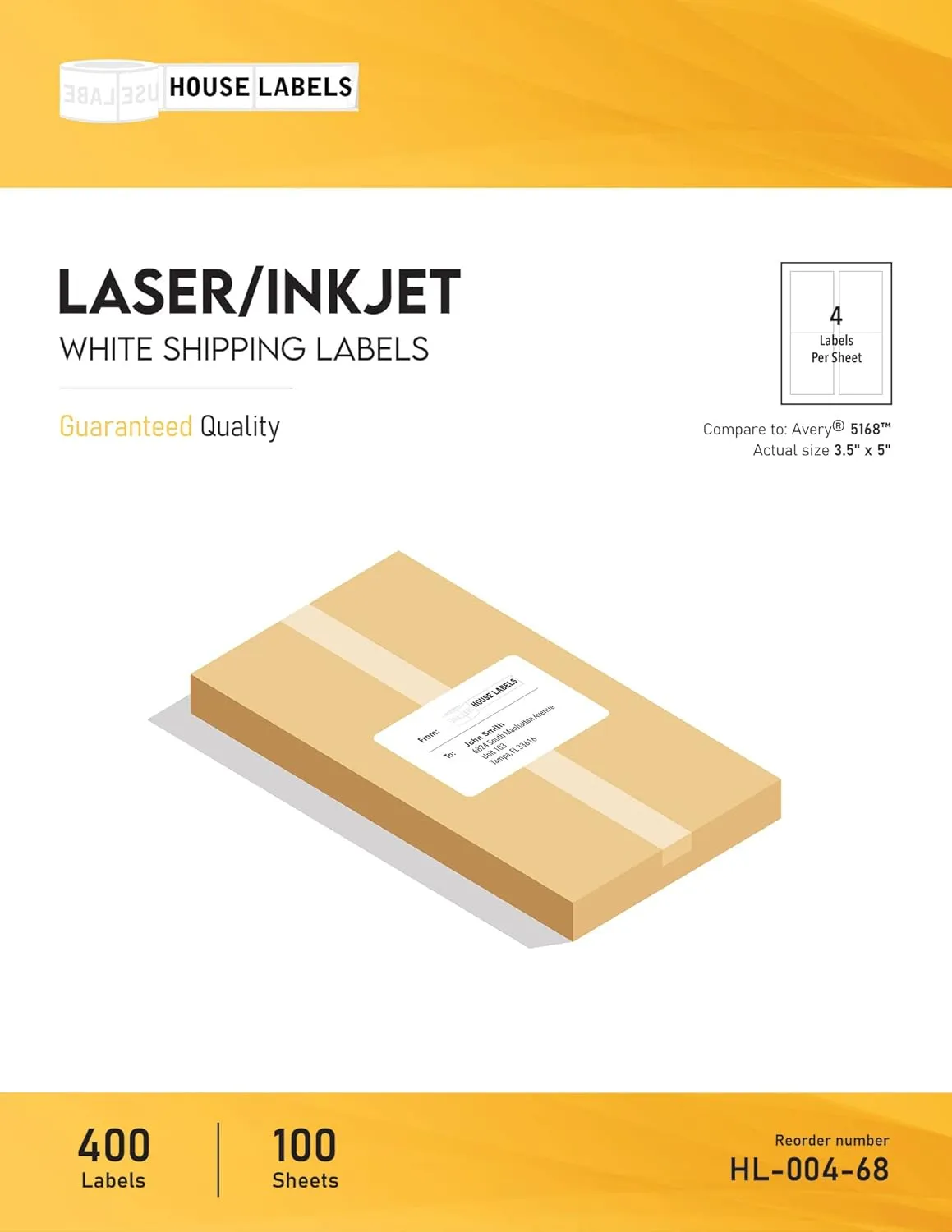 HOUSELABELS 4-up Shipping Labels (3-1/2" x 5") for Laser and Inkjet Printers, 400 Sheets