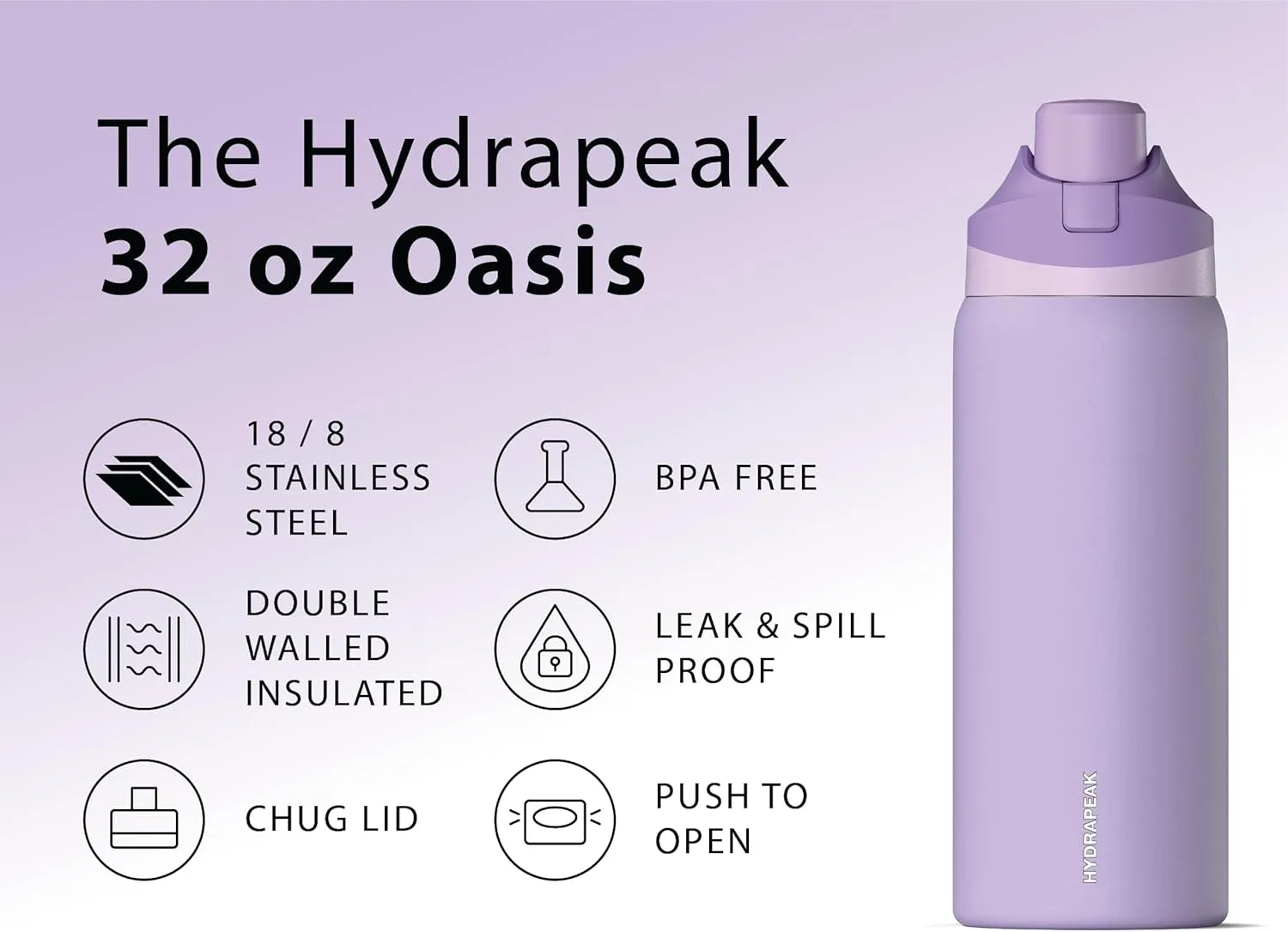 Hydrapeak Oasis 32 oz Water Bottle with Chug Lid, Stainless Steel Insulated Water Bottle For Men and Women, Lavender