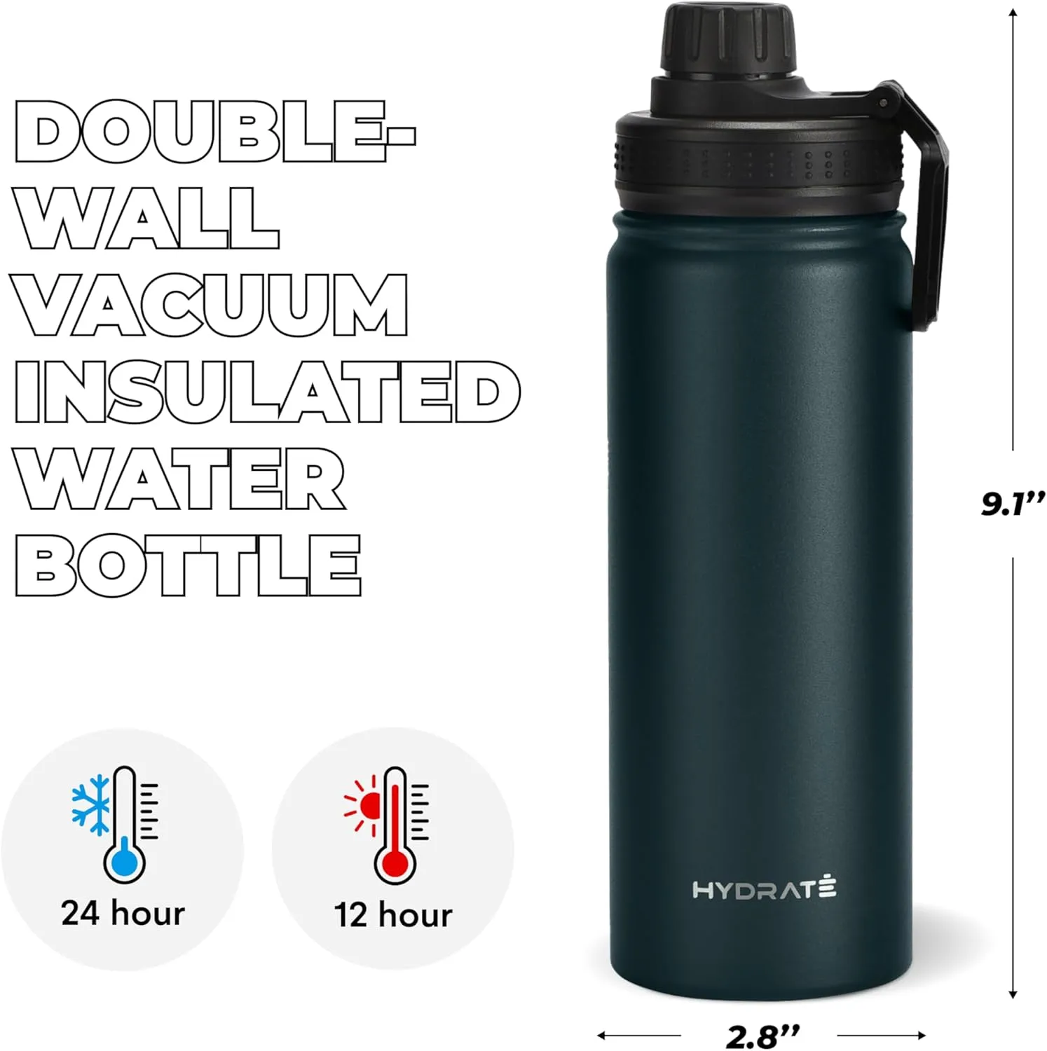HYDRATE Water Bottle Insulated - Stainless Steel Water Bottles - Reusable Flask with Leak-Proof Design and Convenient Handle - Double Vacuum Insulated Water Bottle