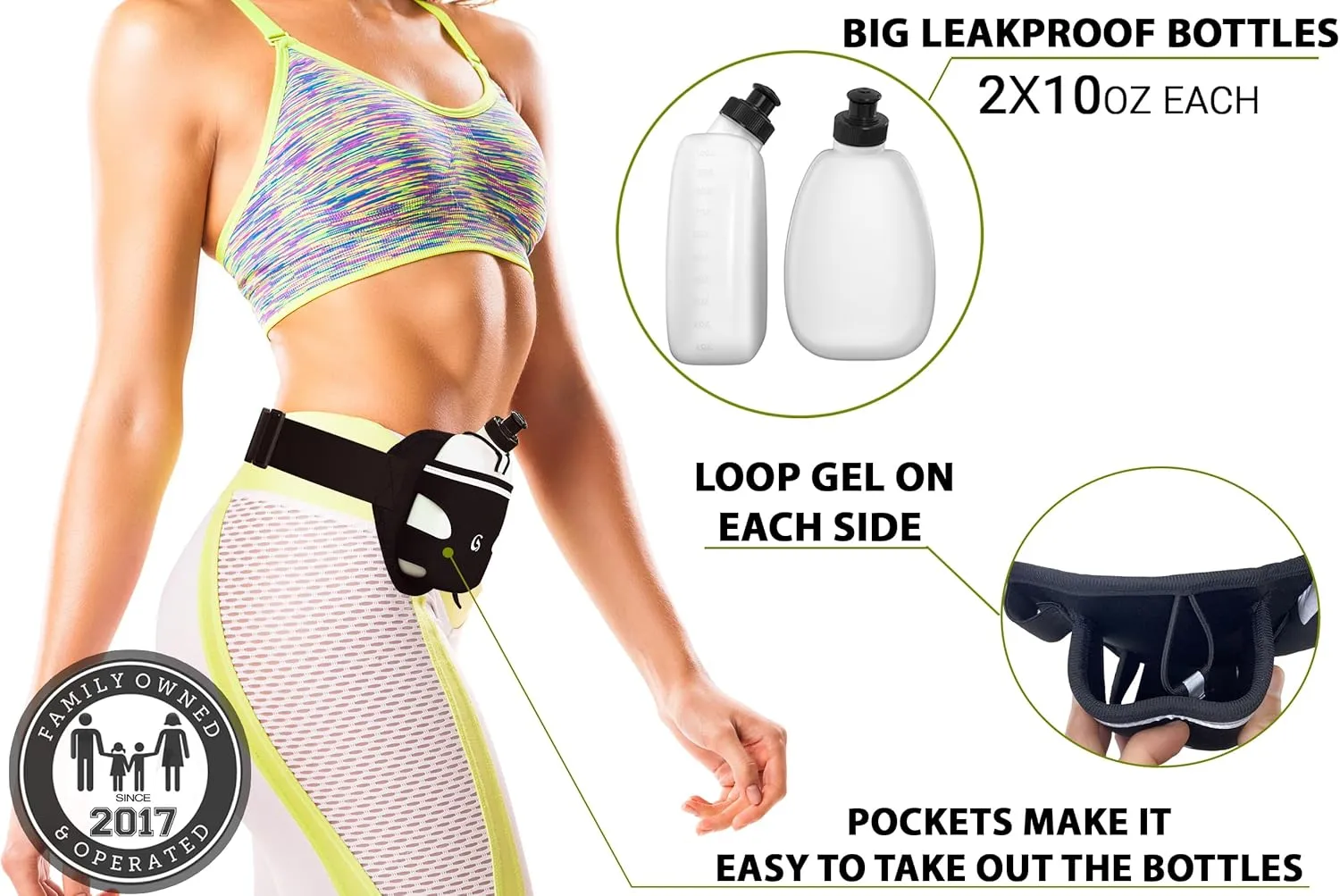 Hydration Running Belt with 2x10oz Bottles - Water Belts for Woman and Men - iPhone Belt for Any Phone Size - Fuel Marathon Waist Pouch for Runners - Jogging Cycling Biking