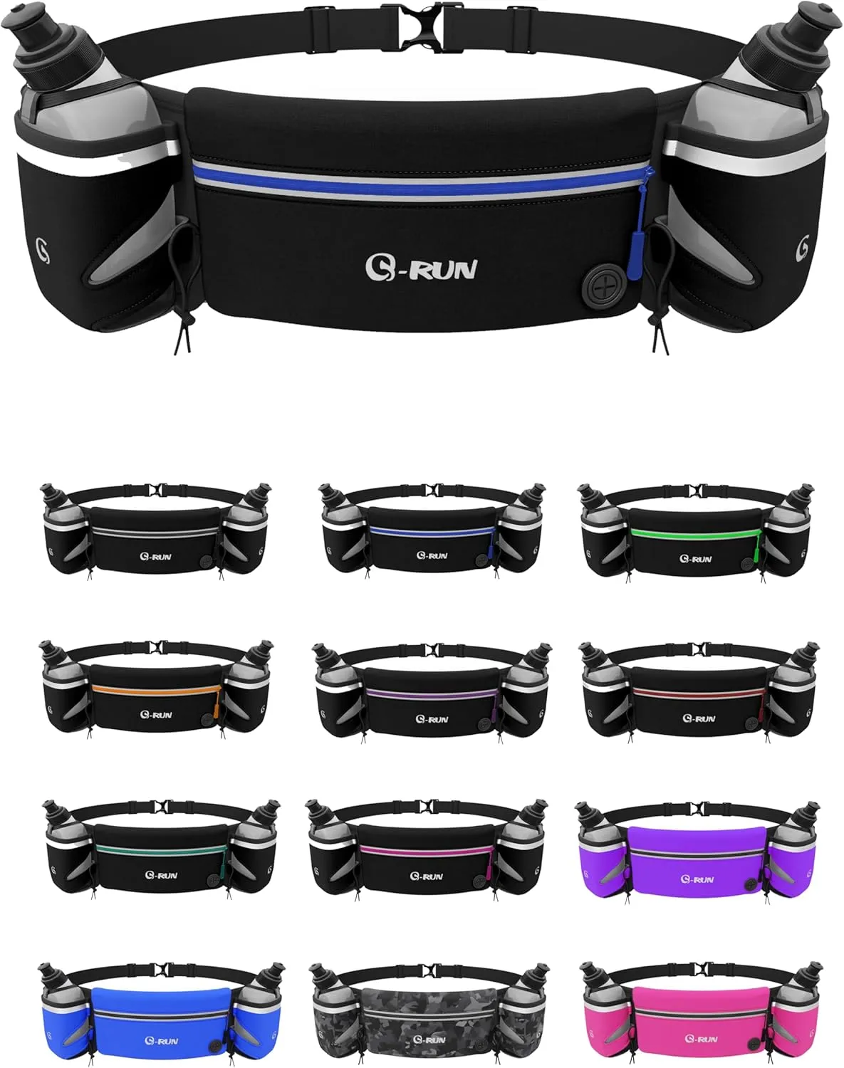 Hydration Running Belt with 2x10oz Bottles - Water Belts for Woman and Men - iPhone Belt for Any Phone Size - Fuel Marathon Waist Pouch for Runners - Jogging Cycling Biking