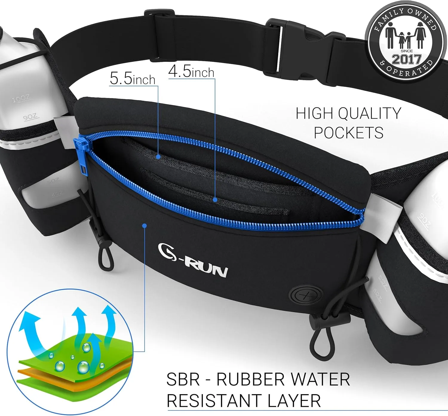 Hydration Running Belt with 2x10oz Bottles - Water Belts for Woman and Men - iPhone Belt for Any Phone Size - Fuel Marathon Waist Pouch for Runners - Jogging Cycling Biking