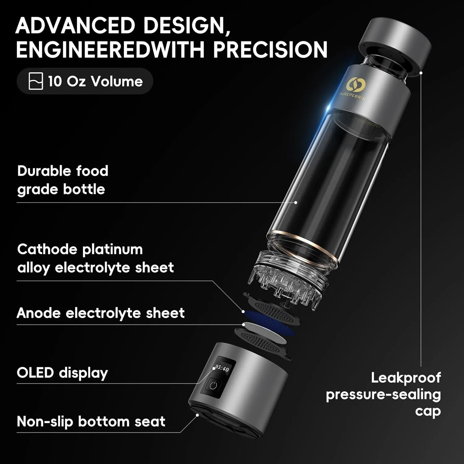 Hydrogen Water Bottle Generator(Grey) - Up to 6360 PPB - Certified H2 Generator- SPE/PEM Technology - - Portable Hydration & Athletic Performance System