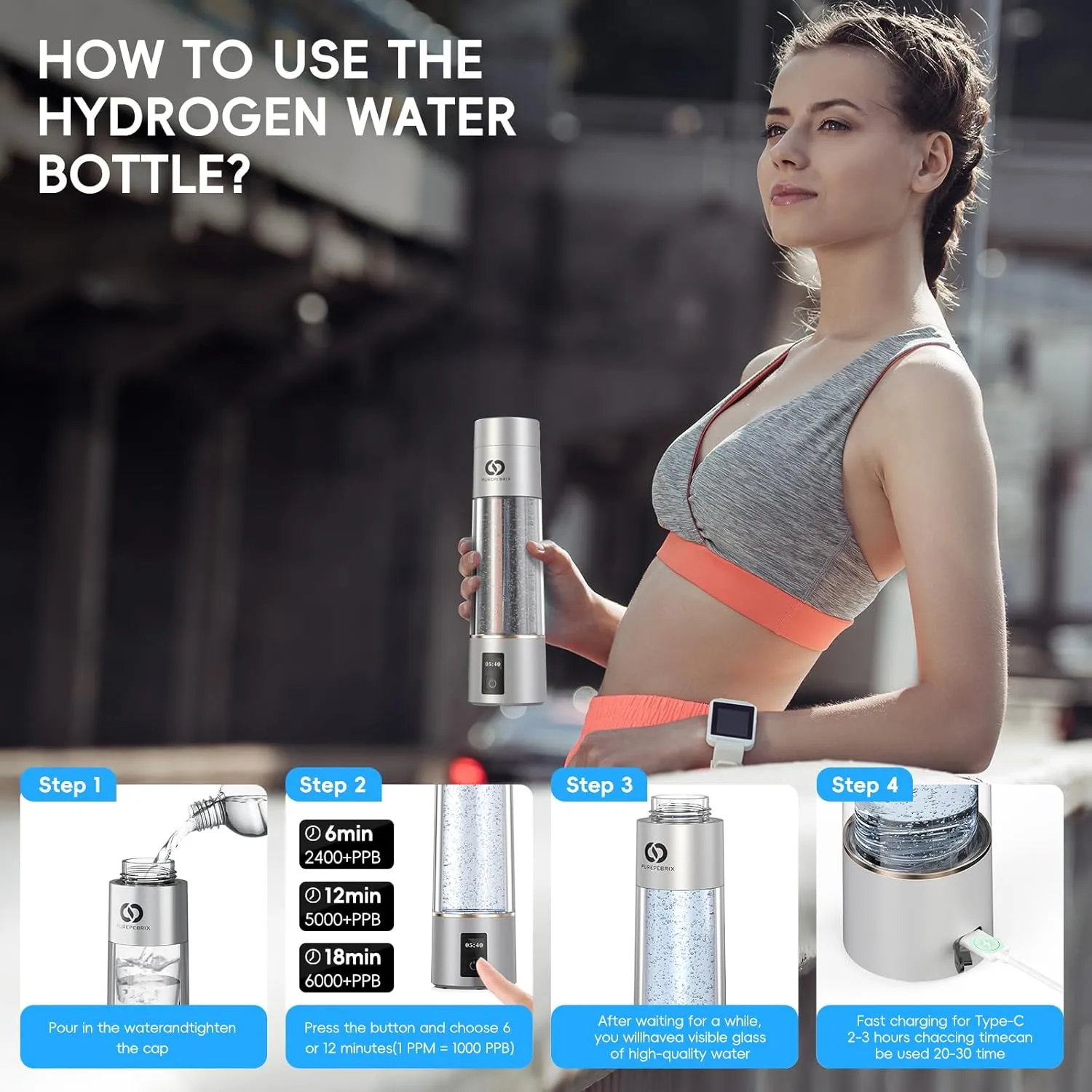 Hydrogen Water Bottle Generator(Silver) - Up to 6360 PPB - Certified H2 Generator- SPE/PEM Technology - - Portable Hydration & Healthy Gift