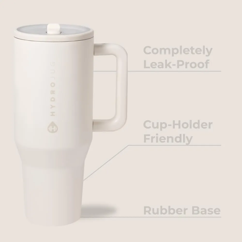 HydroJug Traveler - 40 oz Water Bottle with Handle & Flip Straw - Fits in Cup Holder, Leak Resistant Tumbler-Reusable Insulated Stainless Steel & Rubber Base - Gifts for Women & Men, Cream