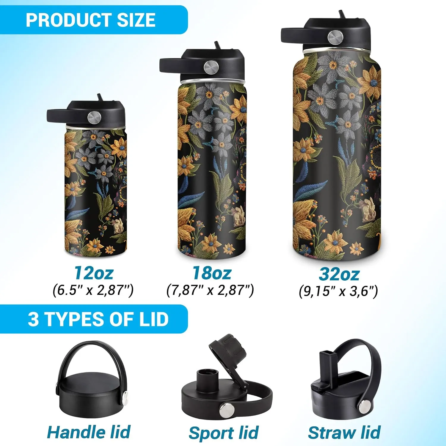Hyturtle Personalized 2D Printed Skull Water Bottle - Travel Insulated Stainless Steel Bottle with Leak-Proof Lid 18oz 32oz - Floral Skull Gift for Women Girls Skull Lovers - Birthday & Christmas Gift