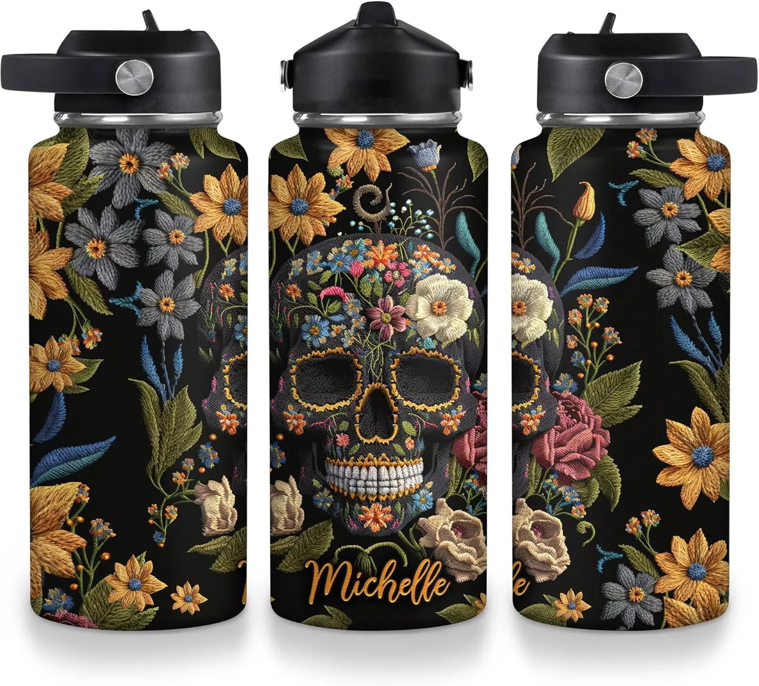 Hyturtle Personalized 2D Printed Skull Water Bottle - Travel Insulated Stainless Steel Bottle with Leak-Proof Lid 18oz 32oz - Floral Skull Gift for Women Girls Skull Lovers - Birthday & Christmas Gift