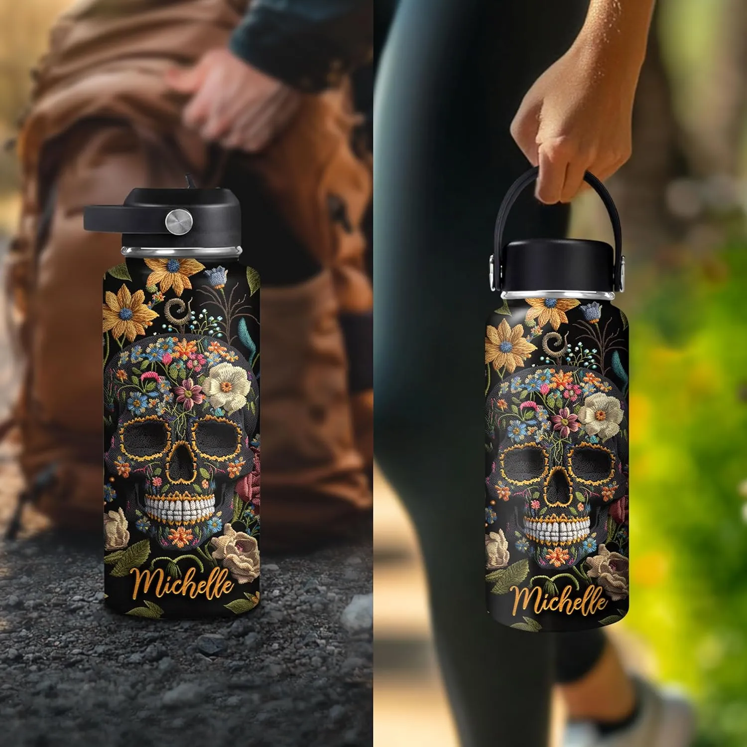 Hyturtle Personalized 2D Printed Skull Water Bottle - Travel Insulated Stainless Steel Bottle with Leak-Proof Lid 18oz 32oz - Floral Skull Gift for Women Girls Skull Lovers - Birthday & Christmas Gift