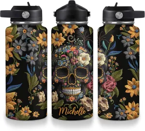 Hyturtle Personalized 2D Printed Skull Water Bottle - Travel Insulated Stainless Steel Bottle with Leak-Proof Lid 18oz 32oz - Floral Skull Gift for Women Girls Skull Lovers - Birthday & Christmas Gift