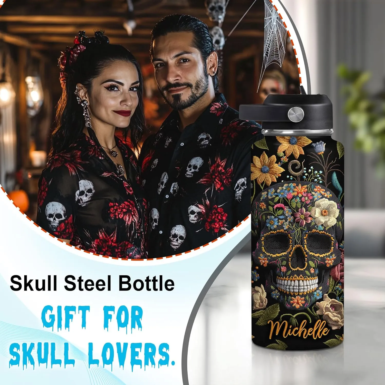 Hyturtle Personalized 2D Printed Skull Water Bottle - Travel Insulated Stainless Steel Bottle with Leak-Proof Lid 18oz 32oz - Floral Skull Gift for Women Girls Skull Lovers - Birthday & Christmas Gift