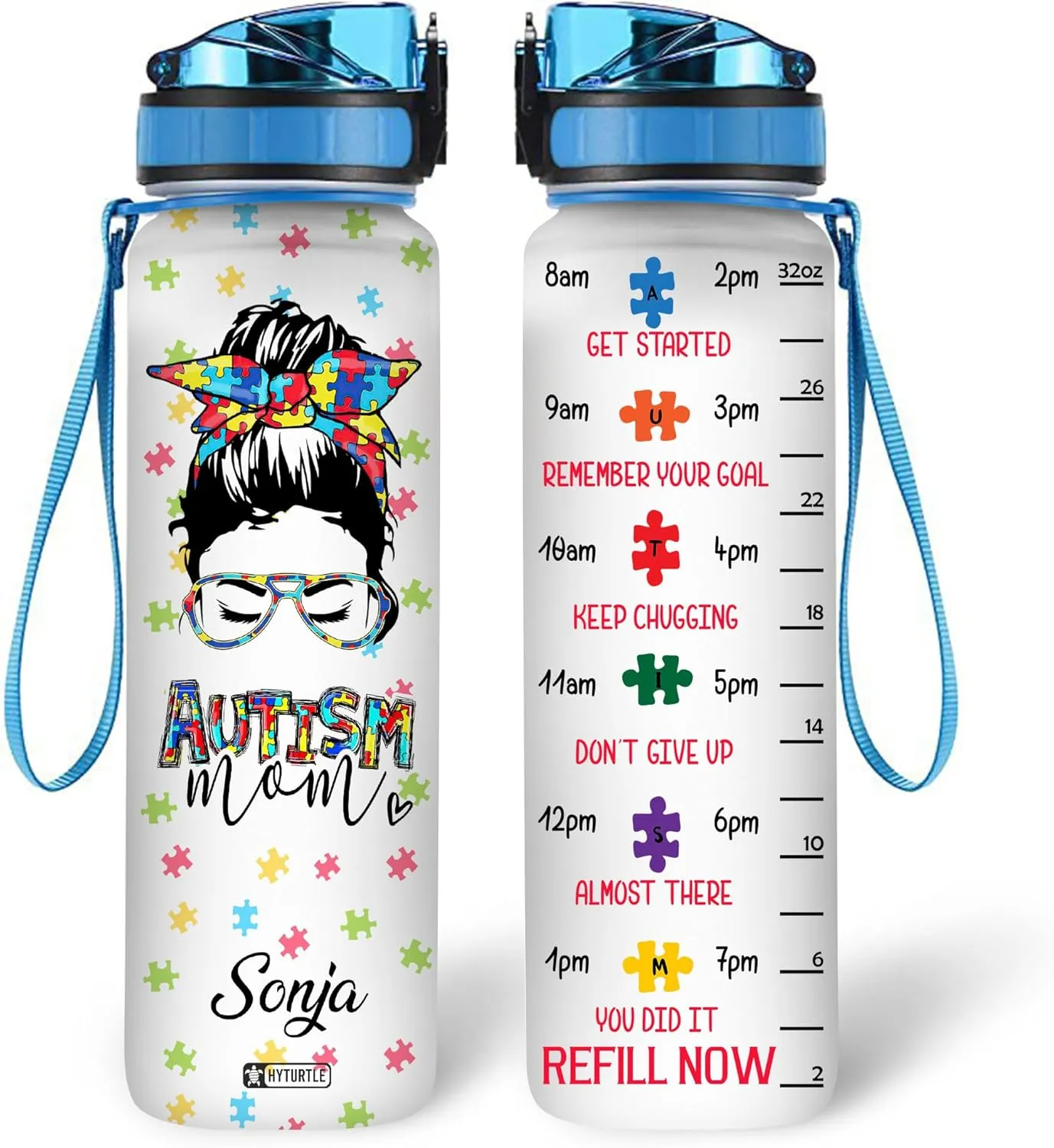 Hyturtle Personalized Autism Mom Water Bottle - 32oz Motivational Water Bottle with Leak-Proof Lid, Time Marker - Custom Name Autism Awareness Gift for Moms from Daughter, Son, Husband On Birthday