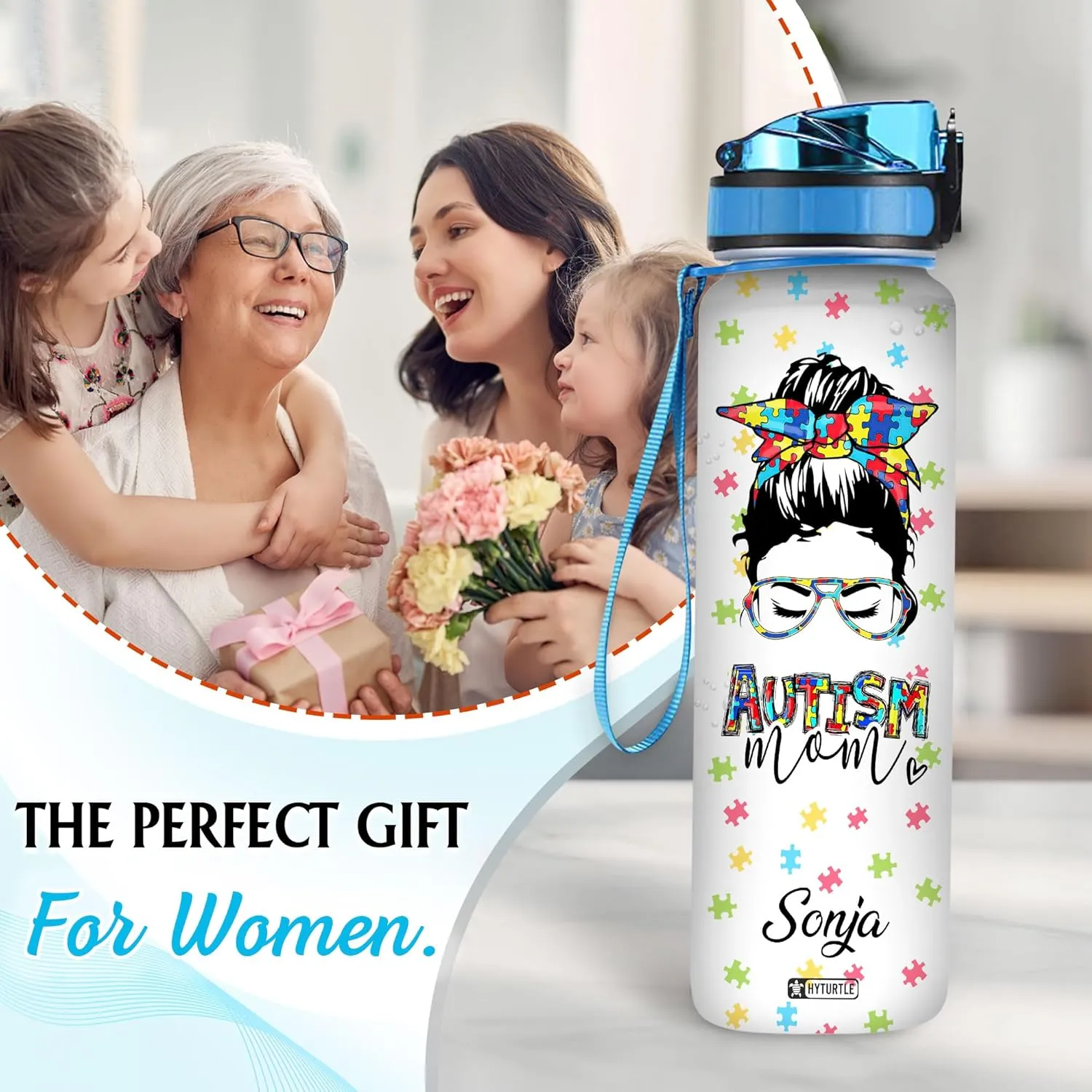 Hyturtle Personalized Autism Mom Water Bottle - 32oz Motivational Water Bottle with Leak-Proof Lid, Time Marker - Custom Name Autism Awareness Gift for Moms from Daughter, Son, Husband On Birthday