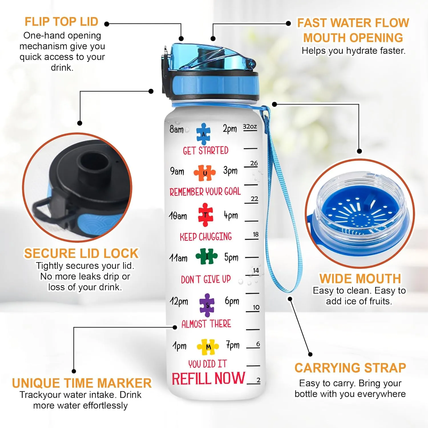 Hyturtle Personalized Autism Mom Water Bottle - 32oz Motivational Water Bottle with Leak-Proof Lid, Time Marker - Custom Name Autism Awareness Gift for Moms from Daughter, Son, Husband On Birthday