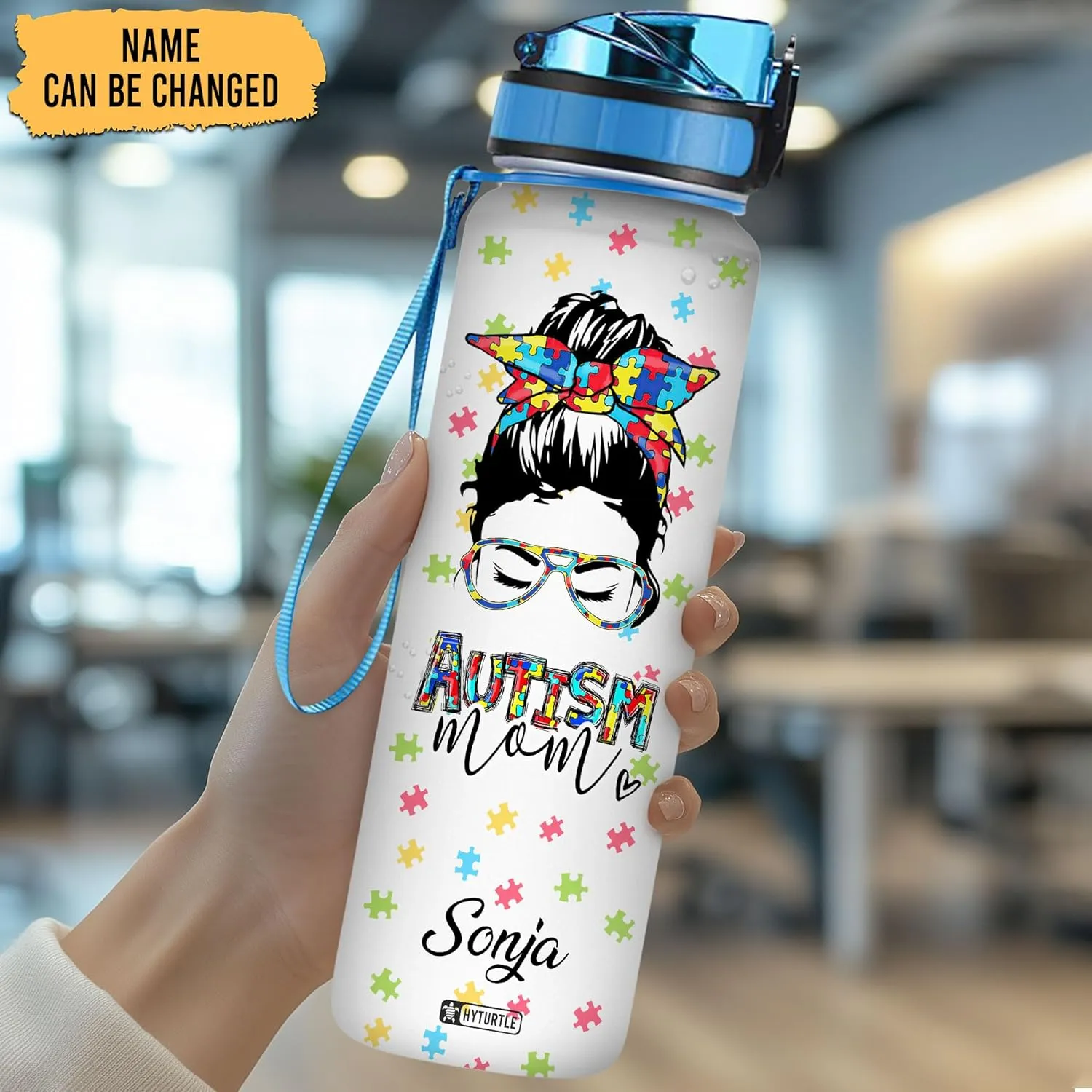 Hyturtle Personalized Autism Mom Water Bottle - 32oz Motivational Water Bottle with Leak-Proof Lid, Time Marker - Custom Name Autism Awareness Gift for Moms from Daughter, Son, Husband On Birthday