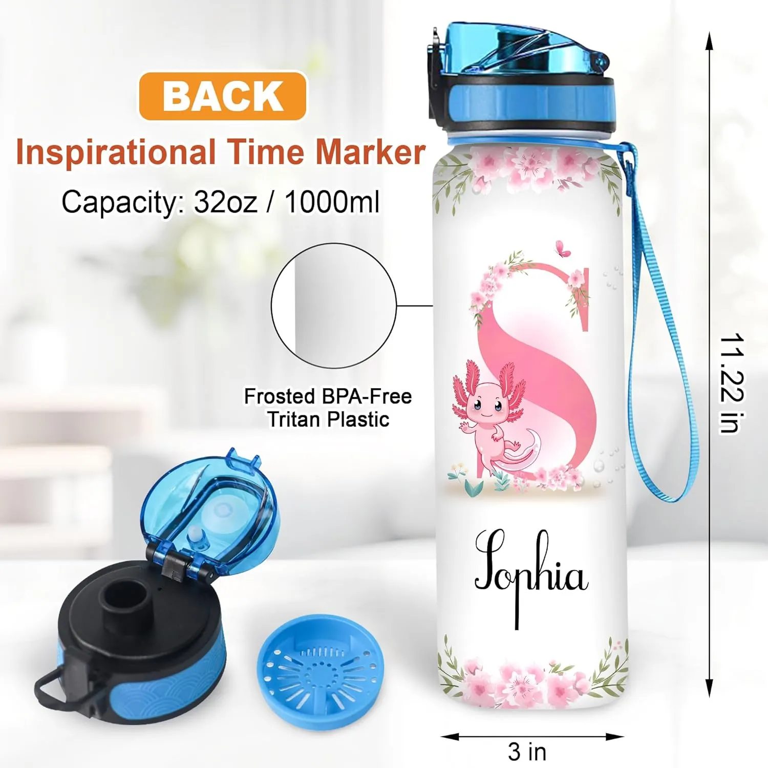 Hyturtle Personalized Axolotl Lovers 32Oz Liter Motivational Water Bottle, Axolotls Customized Name Water Bottle With Time Marker Gifts For Women Girl On Birthday, Mother Day's